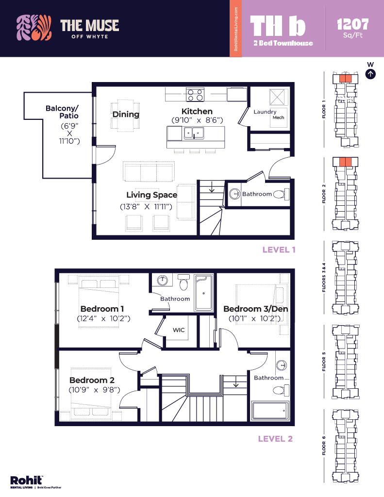 Floor plan for 3 beds, 2.5 baths, 1207 sqft
